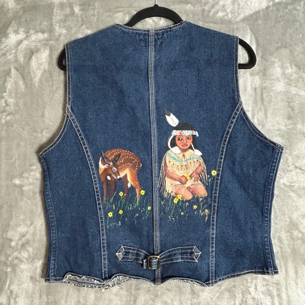 Vintage Country Denim Vest Blue Hand Painted Native American Fawn Graphic XL
